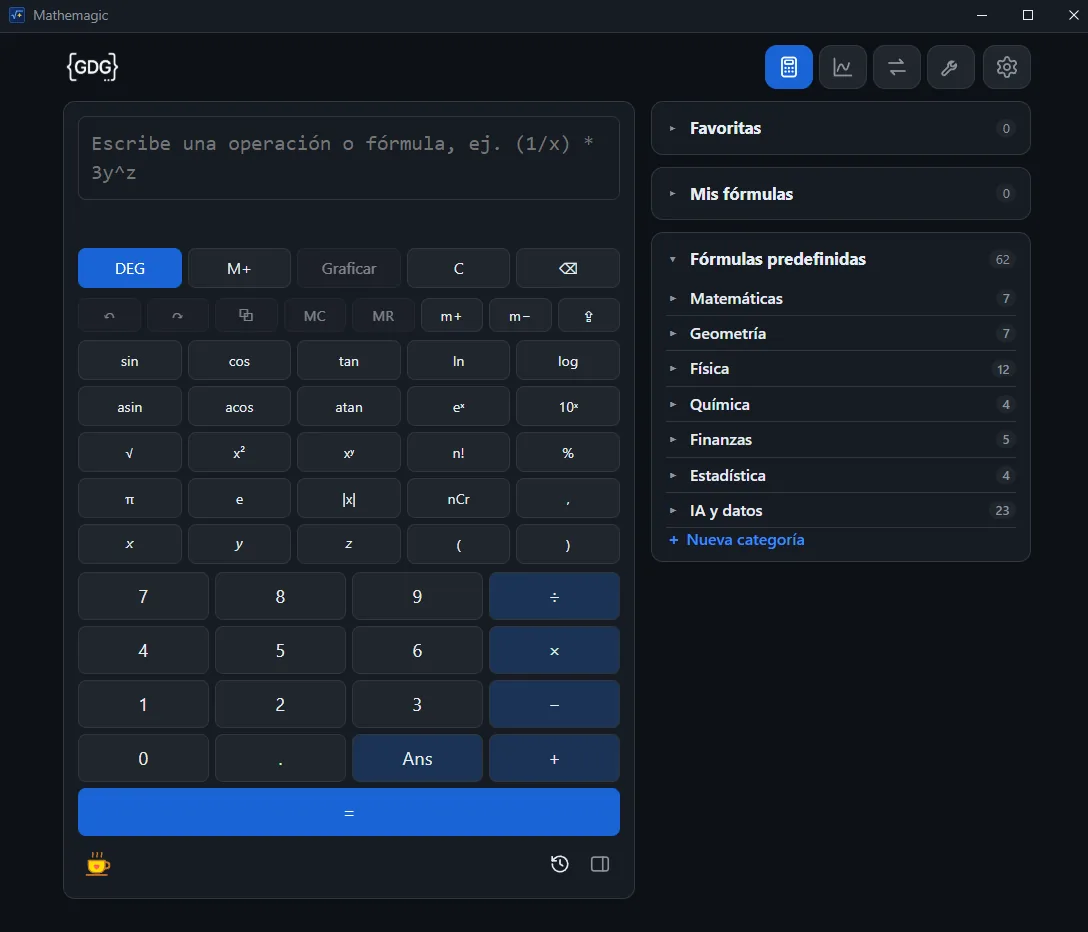 Calculadora científica de Mathemagic en tema oscuro, con el teclado científico y el panel de fórmulas predefinidas por categorías