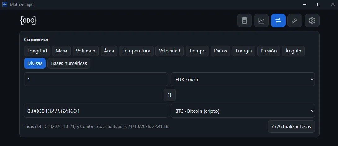 Conversor de Mathemagic pasando 1 euro a bitcoin, con las categorías de unidades arriba